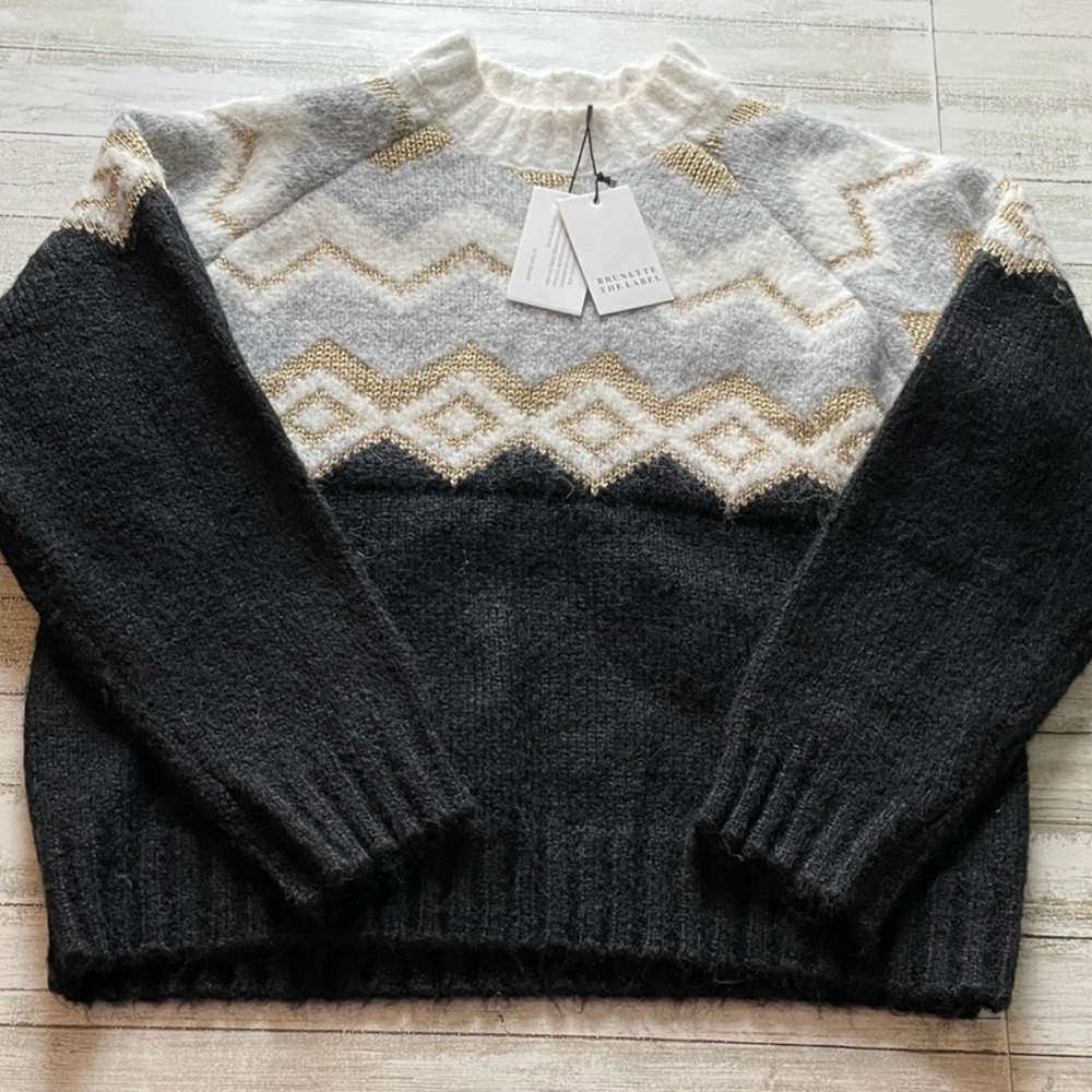 Brunette The Label Mariah Luxe Fair Isle Black Sweater with Gold Accents